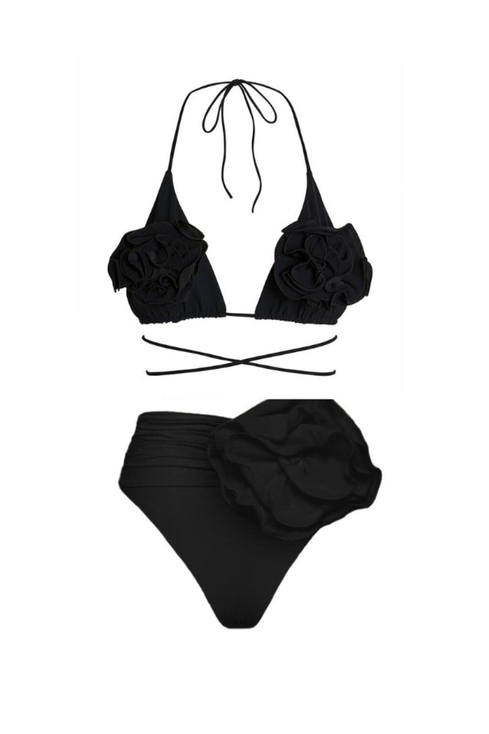 FLORAL APPLIQUÉ TRIANGLE BIKINI SUIT IN BLACK