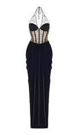 MESH VELVET MAXI DRESS IN BLACK