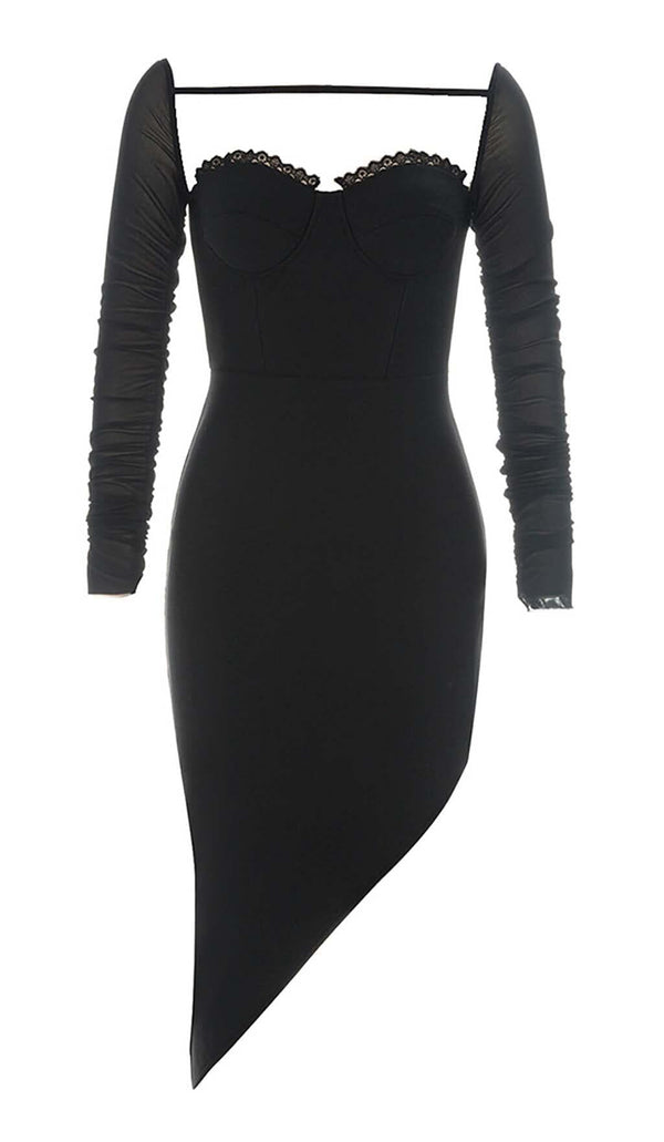 MESH ASYMMETRICAL MIDI DRESS IN BLACK