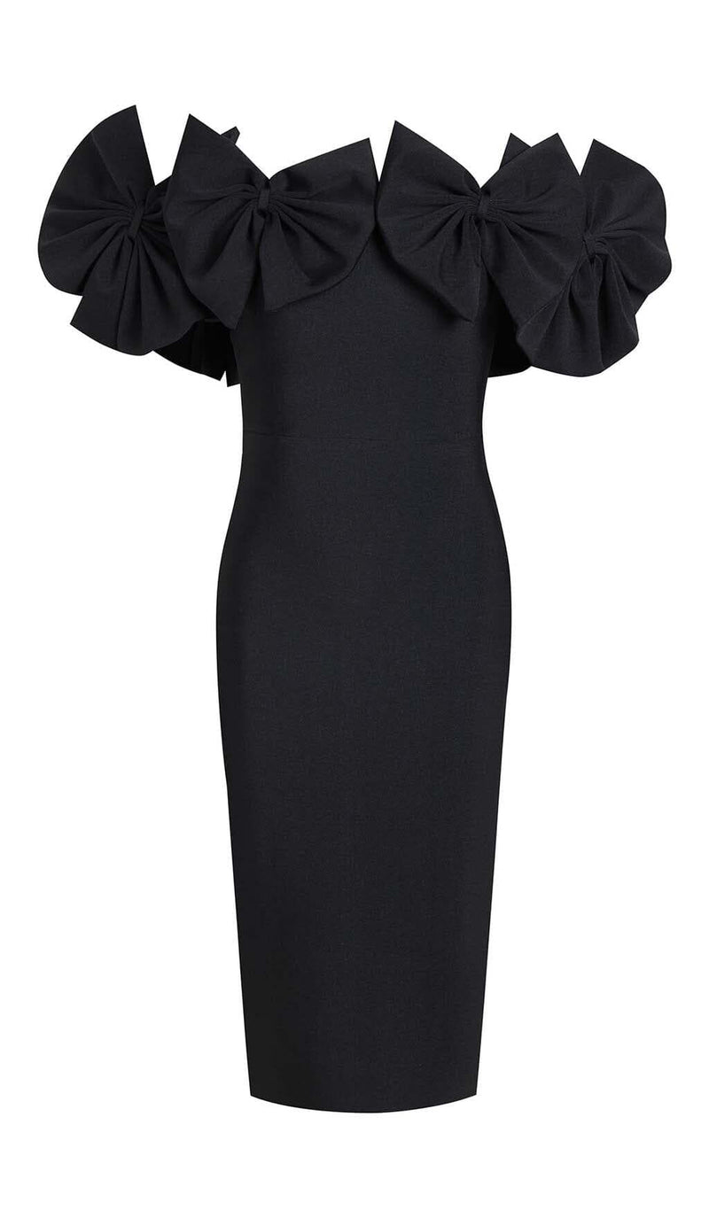 BOW-EMBELLISHED BANDAGE MIDI DRESS IN BLACK