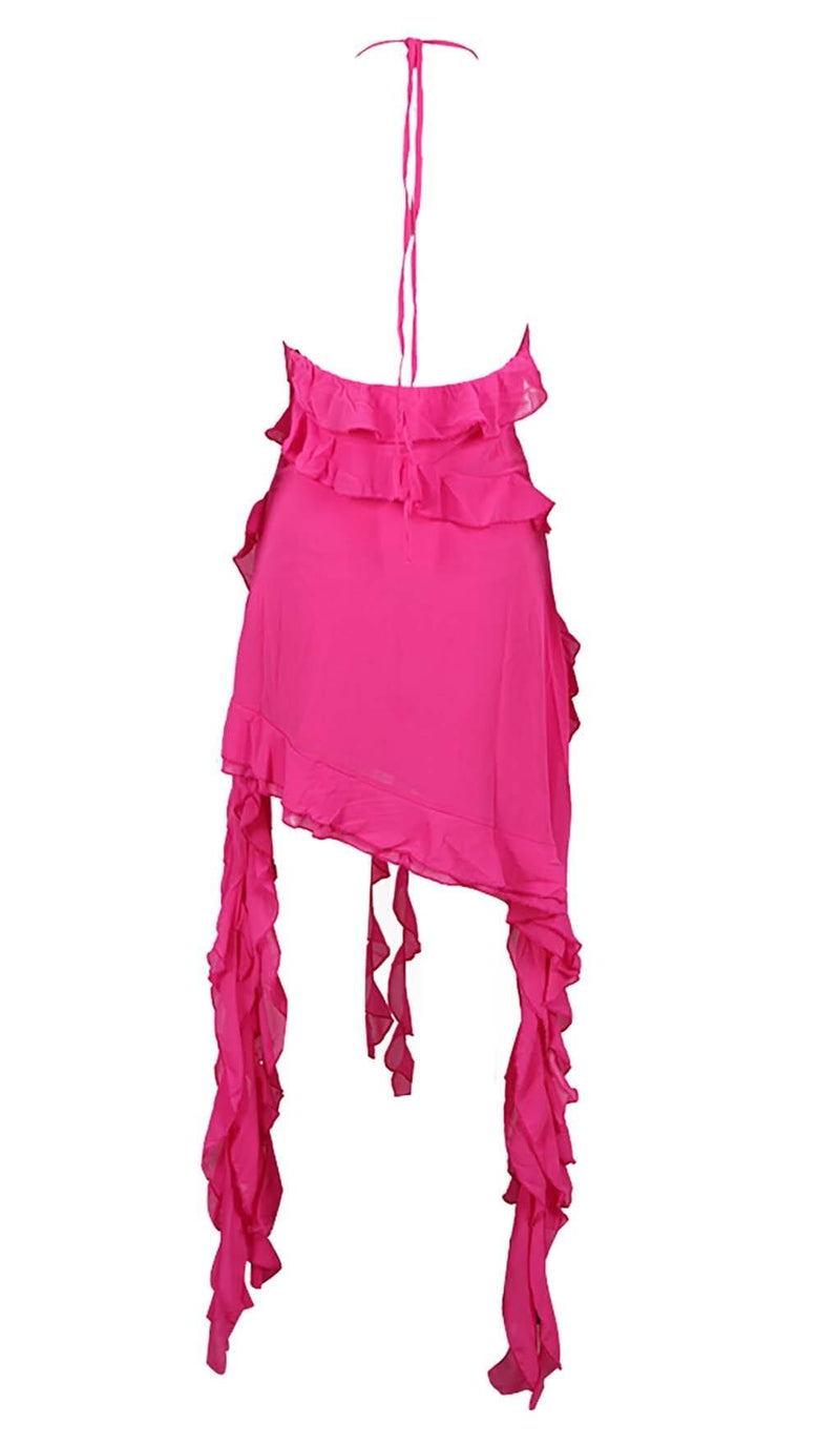 ROSE-EMBELLISHED RUFFLED MINI DRESS IN PINK