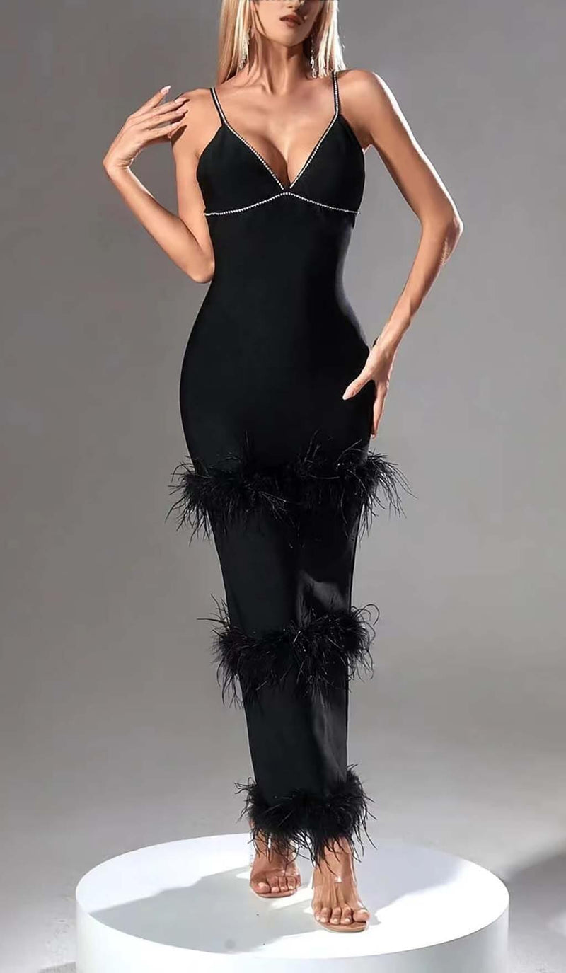 RHINESTONE TIERED FEATHER MIDI DRESS IN BLACK