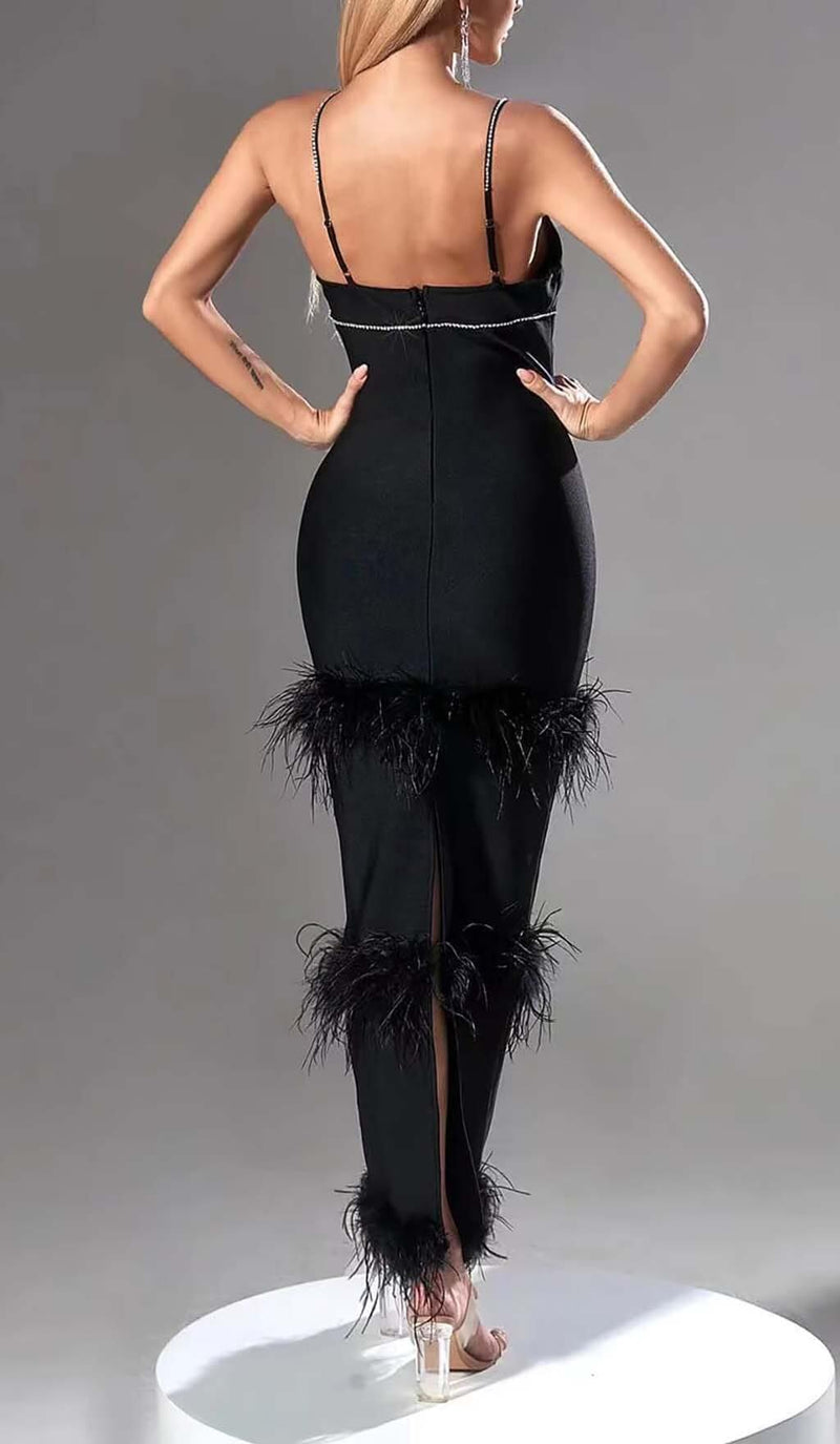 RHINESTONE TIERED FEATHER MIDI DRESS IN BLACK