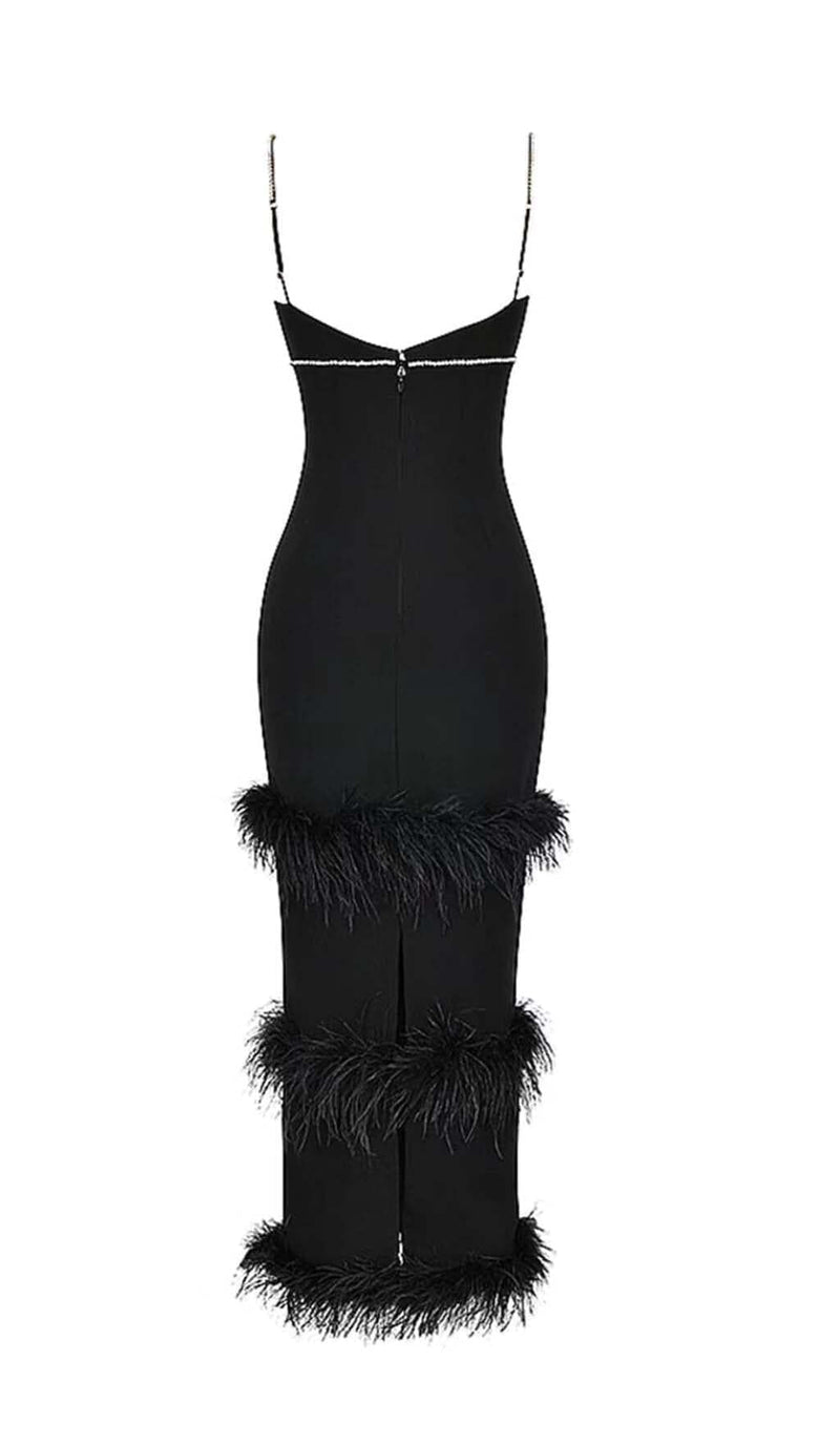 RHINESTONE TIERED FEATHER MIDI DRESS IN BLACK