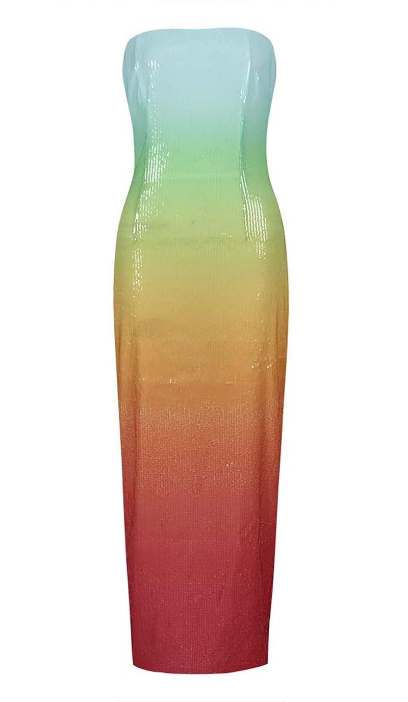 STRAPLESS SEQUIN OMBRE MAXI DRESS IN MULTI-COLOR