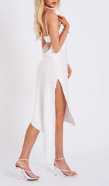 WHITE SATIN DRAPING MIDI DRESS