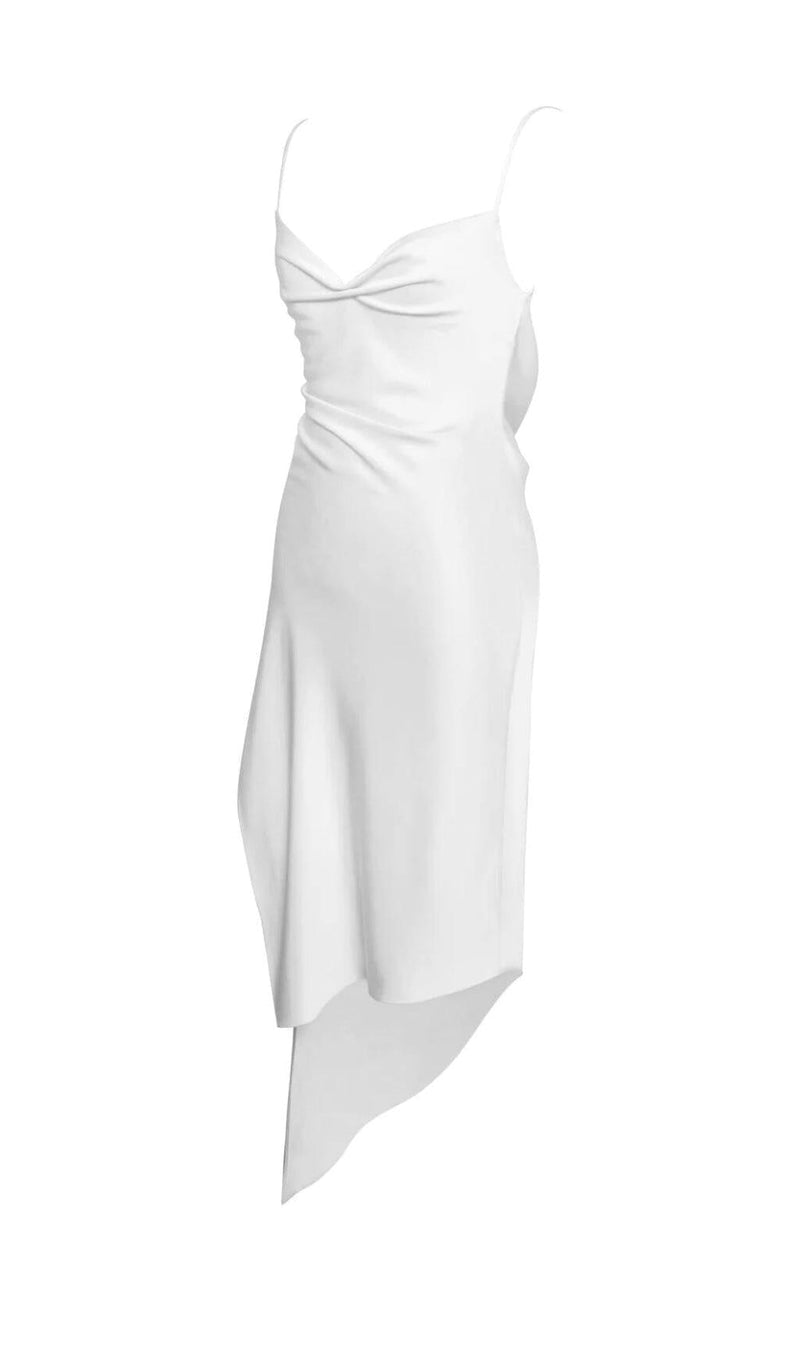 WHITE SATIN DRAPING MIDI DRESS