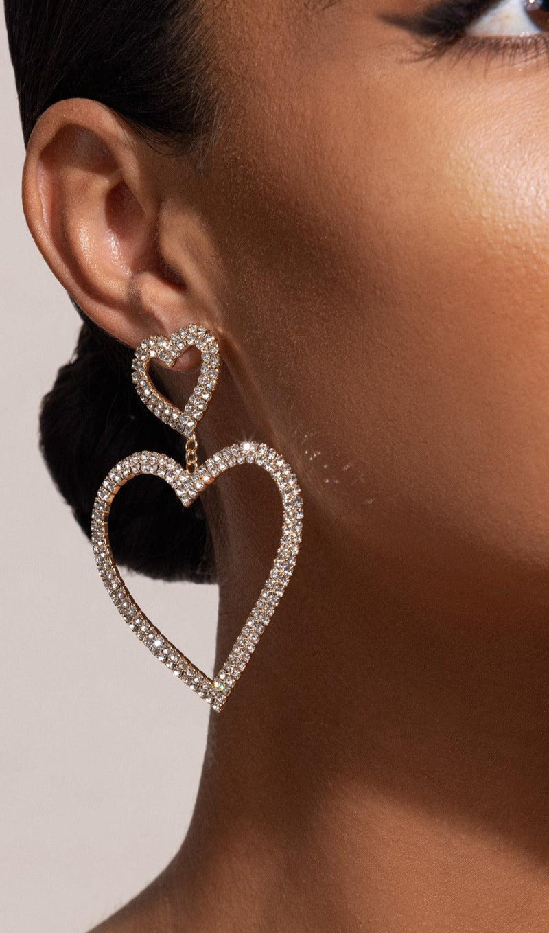 GOLD DIAMANTE HEART SHAPE DROP EARRINGS