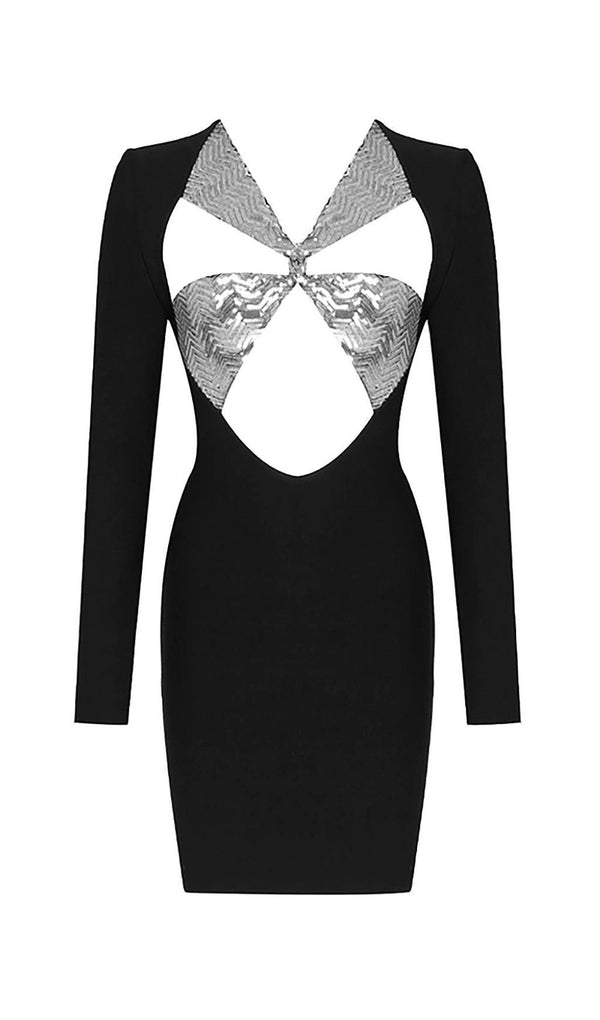 SEQUIN CUT OUT BANDAGE MINI DRESS IN BLACK