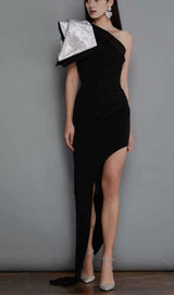 ASYMMETRIC DIAMOND HIGH-LOW DRESS IN BLACK