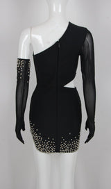 BANDAGE CUTOUT STUDDED MINI DRESS IN BLACK