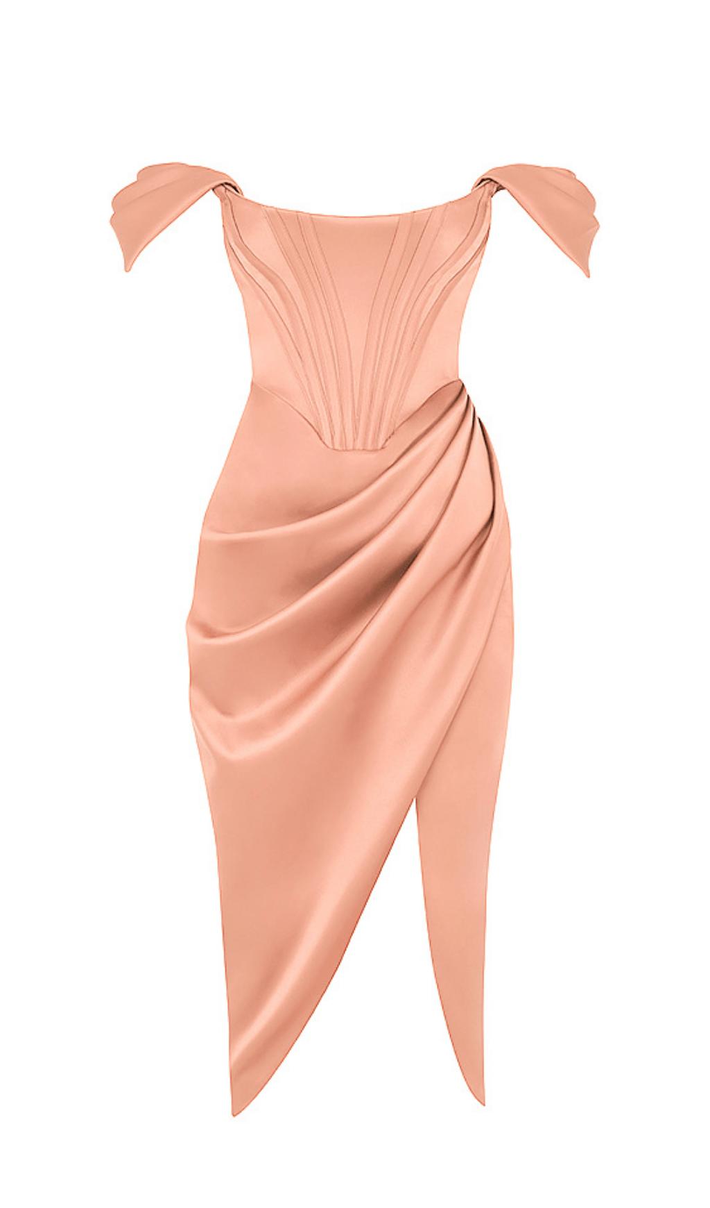 ASYMMETRIC SPLIT CORSET MIDI DRESS IN BLUSH