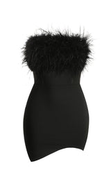 BLACK STRAPLESS FEATHER BODYCON MINI DRESS