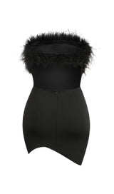 BLACK STRAPLESS FEATHER BODYCON MINI DRESS