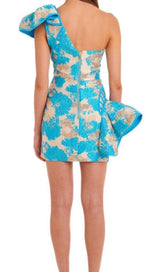 BLUE JACQUARD ONE SHOULDER MINI DRESS