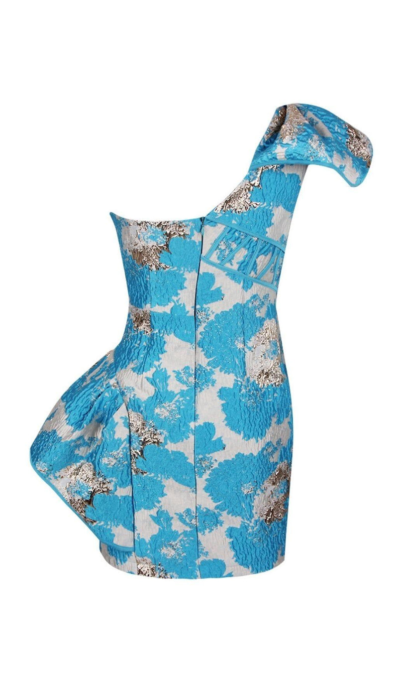 BLUE JACQUARD ONE SHOULDER MINI DRESS