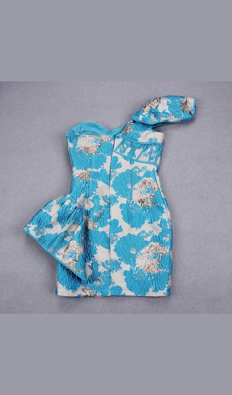 BLUE JACQUARD ONE SHOULDER MINI DRESS