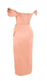 ASYMMETRIC SPLIT CORSET MIDI DRESS IN BLUSH