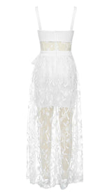 BOW-EMBELLISHED LACE MIDI DRESS IN WHITE