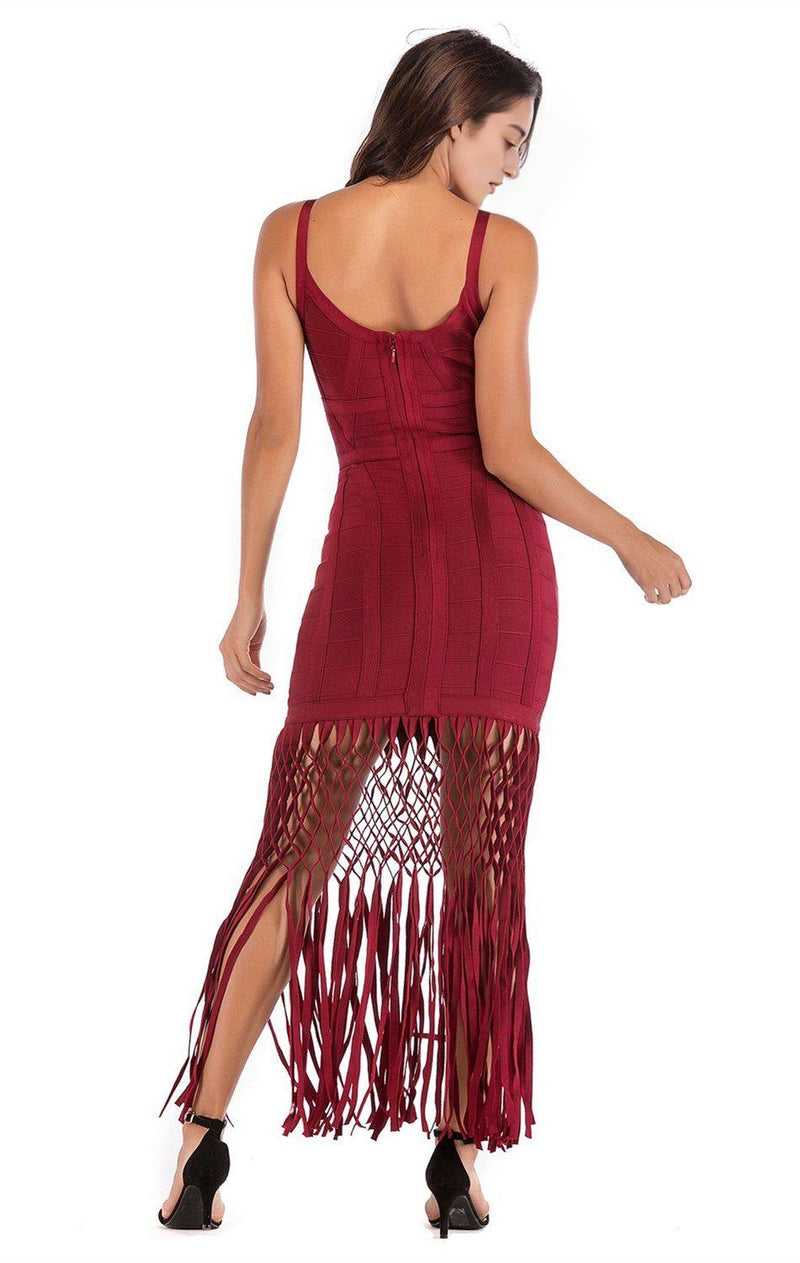 WINE DRAPED  MAXI BANDAGE DRESS