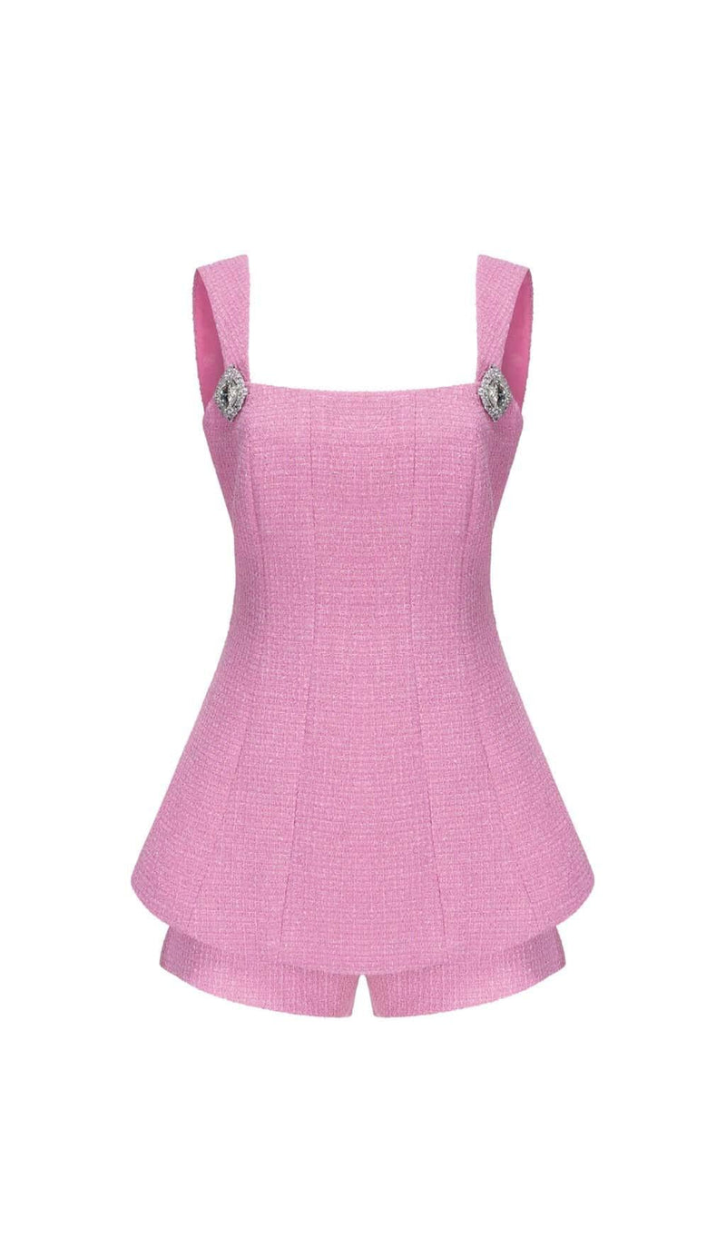 BOW-EMBELLISHED RHINESTONE MINI DRESS IN PINK