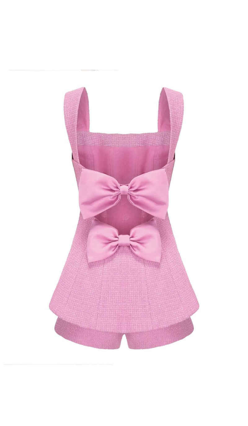 BOW-EMBELLISHED RHINESTONE MINI DRESS IN PINK