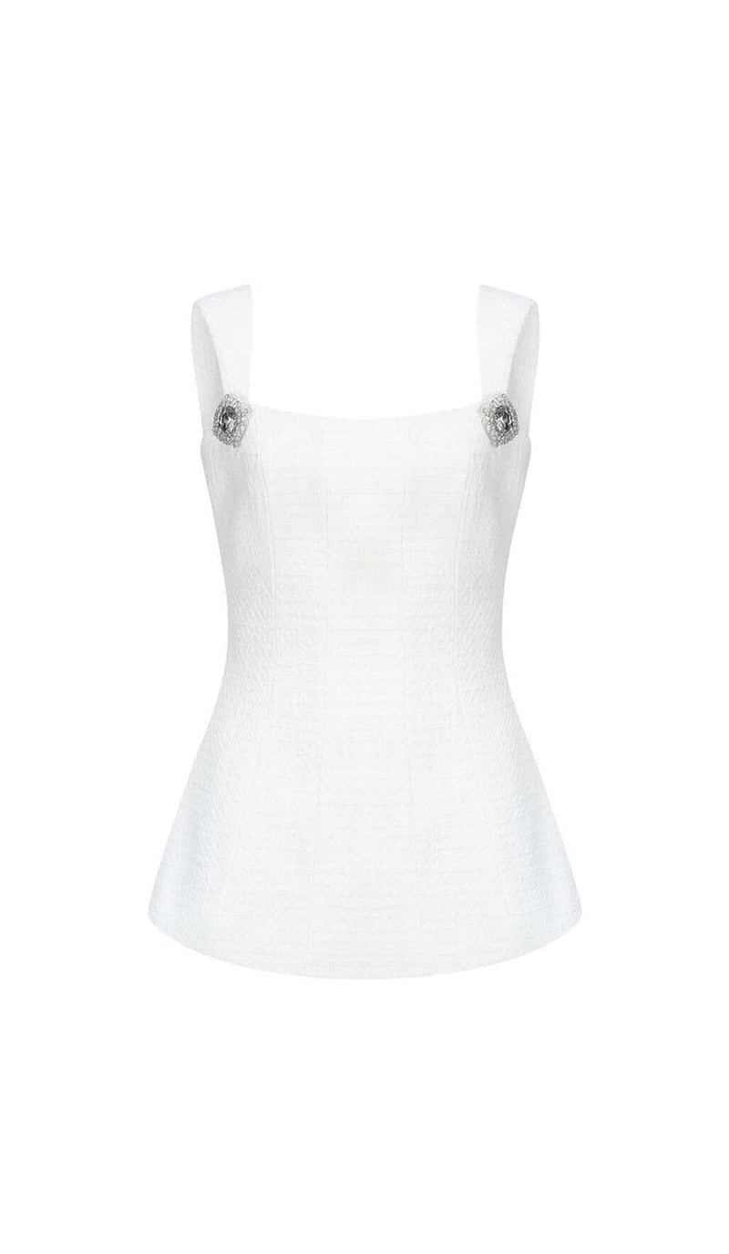 BOW-EMBELLISHED RHINESTONE MINI DRESS IN WHITE