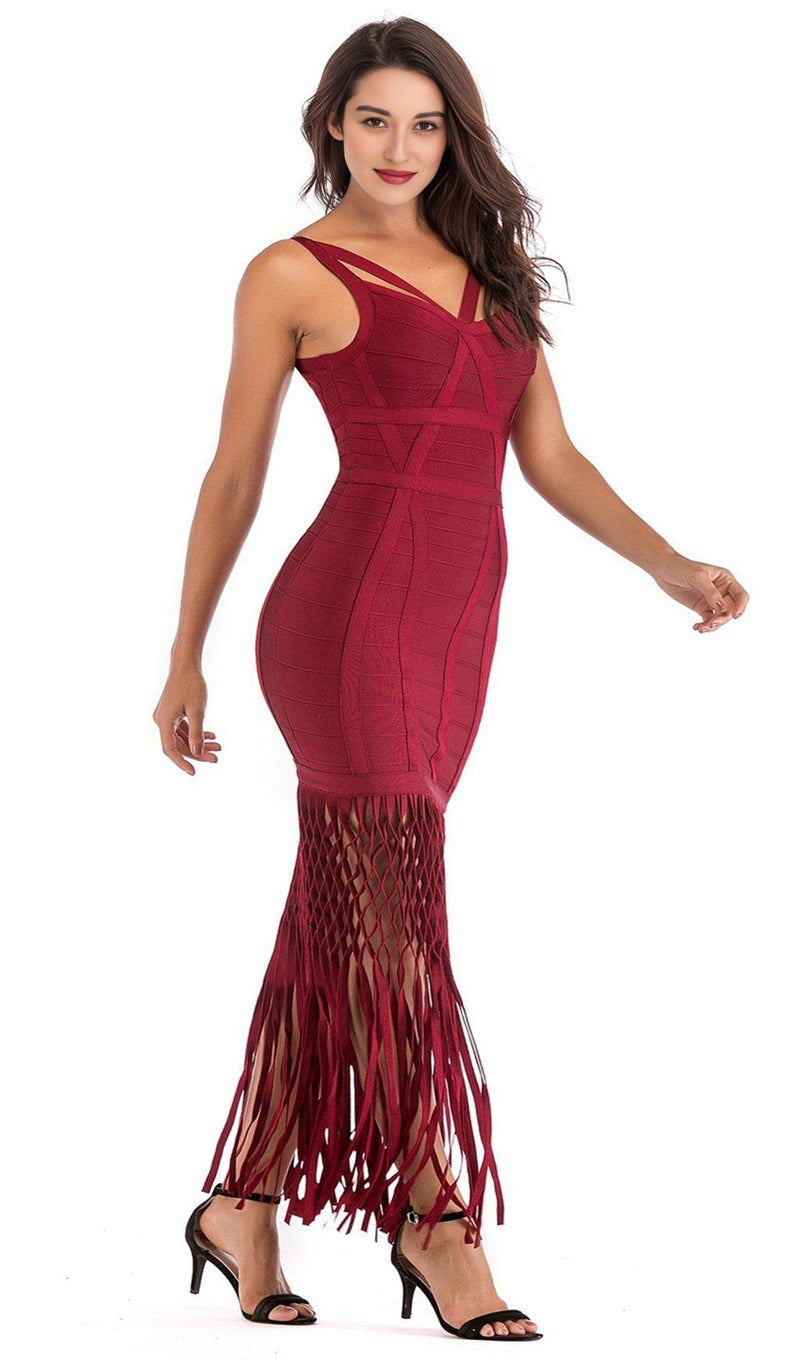 WINE DRAPED  MAXI BANDAGE DRESS