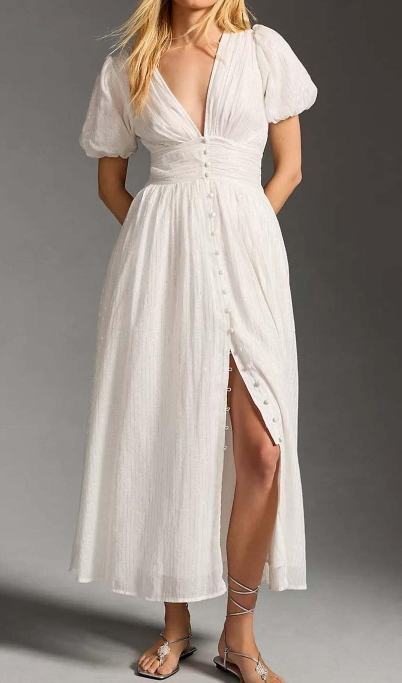 BUTTON-FRONT PUFFED SLEEVES MAXI DRESS IN WHITE