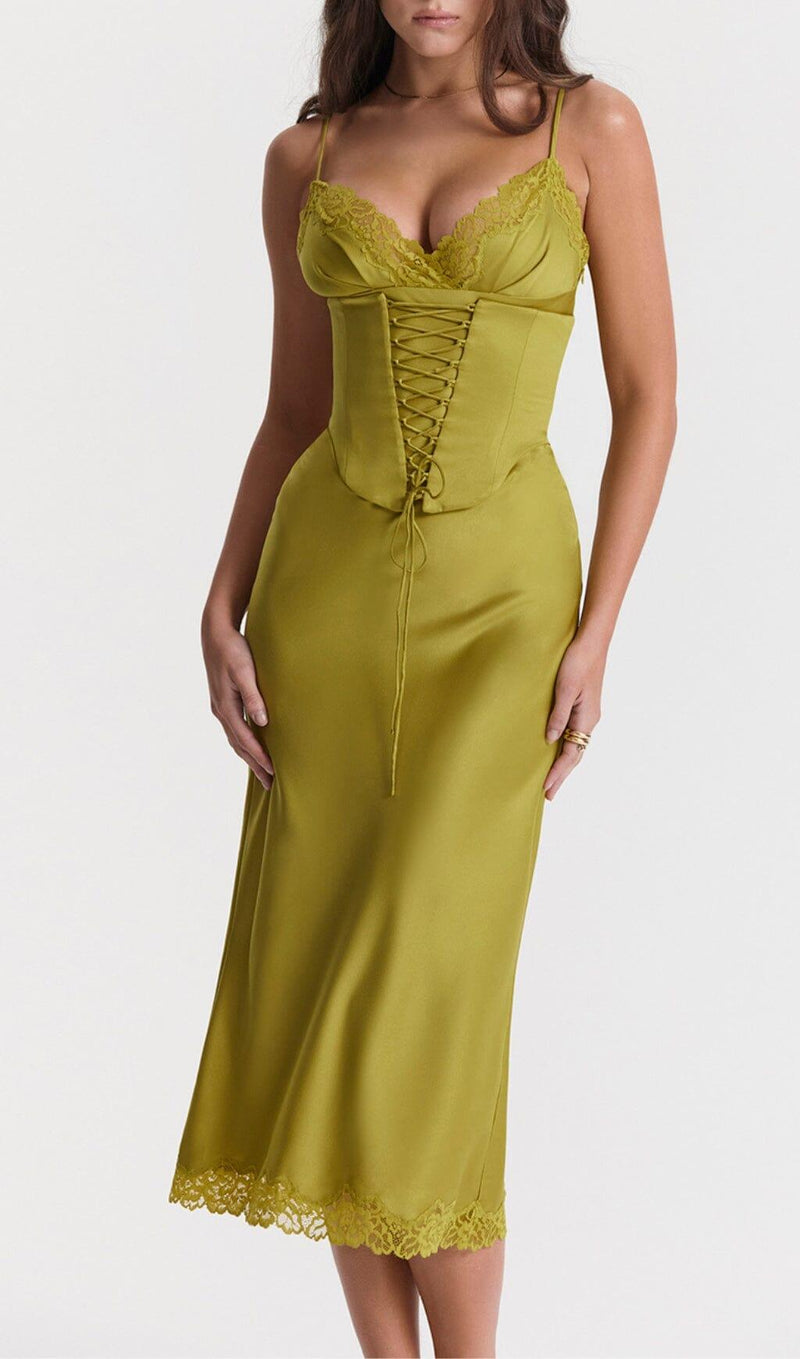 CHARTREUSE SATIN SLIP DRESS