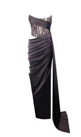 CORSET SATIN PLEATED MAXI DRESS IN BLACK