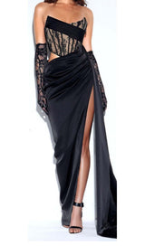 CORSET SATIN PLEATED MAXI DRESS IN BLACK