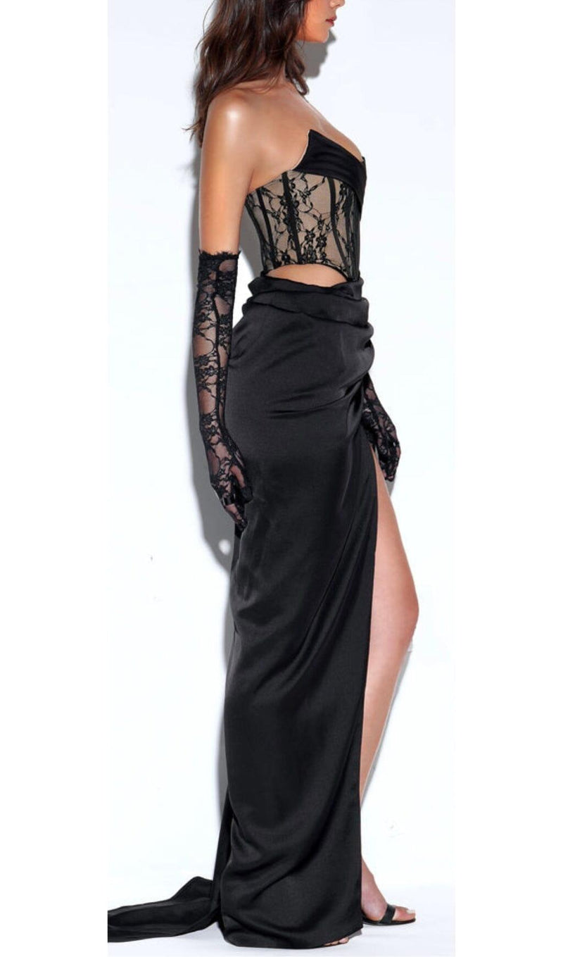 CORSET SATIN PLEATED MAXI DRESS IN BLACK