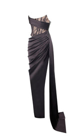 CORSET SATIN PLEATED MAXI DRESS IN BLACK