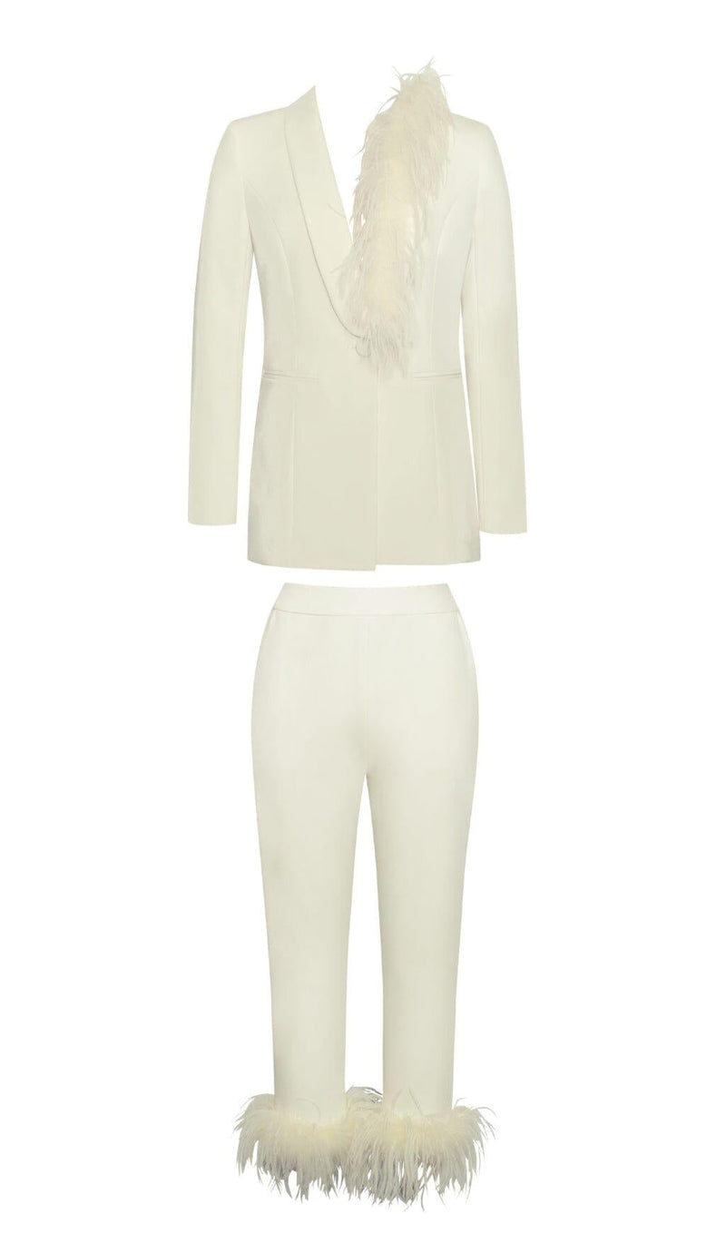 CREAM WHITE BLAZER SUIT WITH FEATHER TRIM