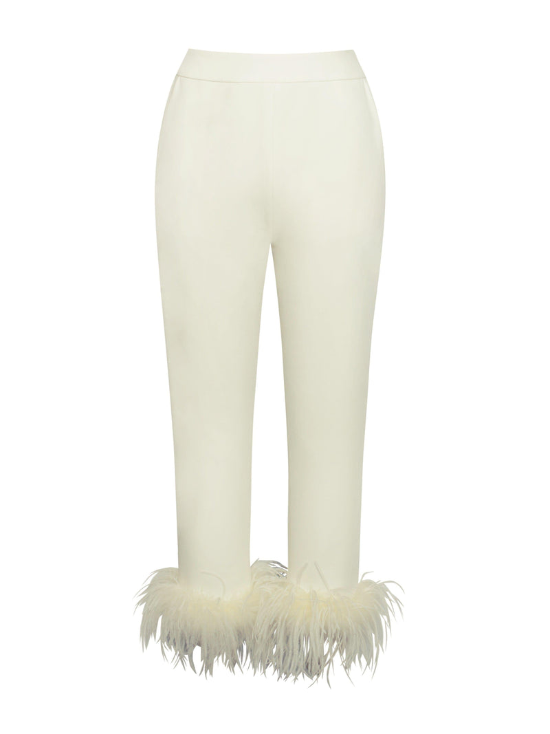 CREAM WHITE BLAZER SUIT WITH FEATHER TRIM