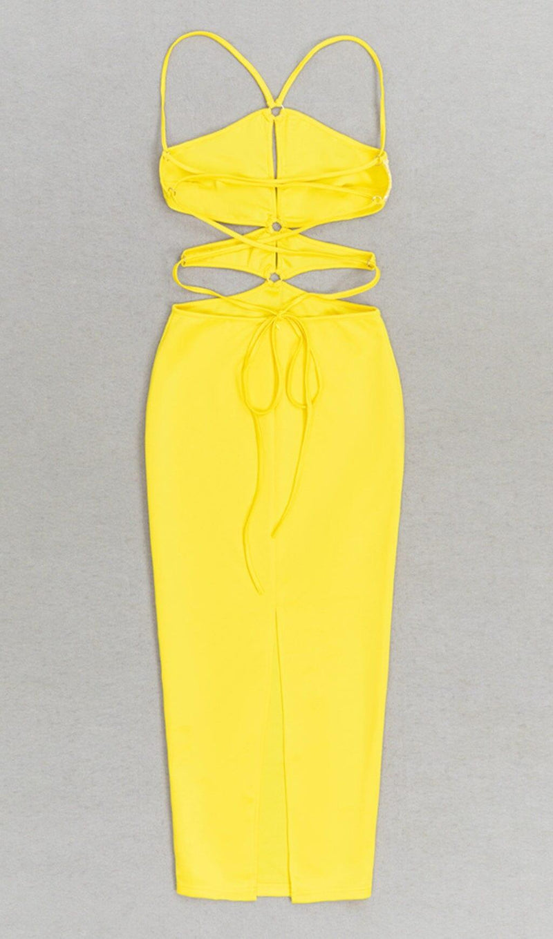 CRISSCROSS HALTERNECK CUTOUT MIDI DRESS IN YELLOW