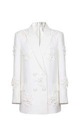 DOUBLE-BREASTED THREE DIMENSIONAL FLORAL SUIT JACKET IN WHITE