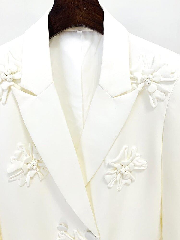 DOUBLE-BREASTED THREE DIMENSIONAL FLORAL SUIT JACKET IN WHITE