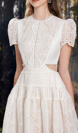 CUT OUT LACE DETAIL MIDI DRESS IN WHITE