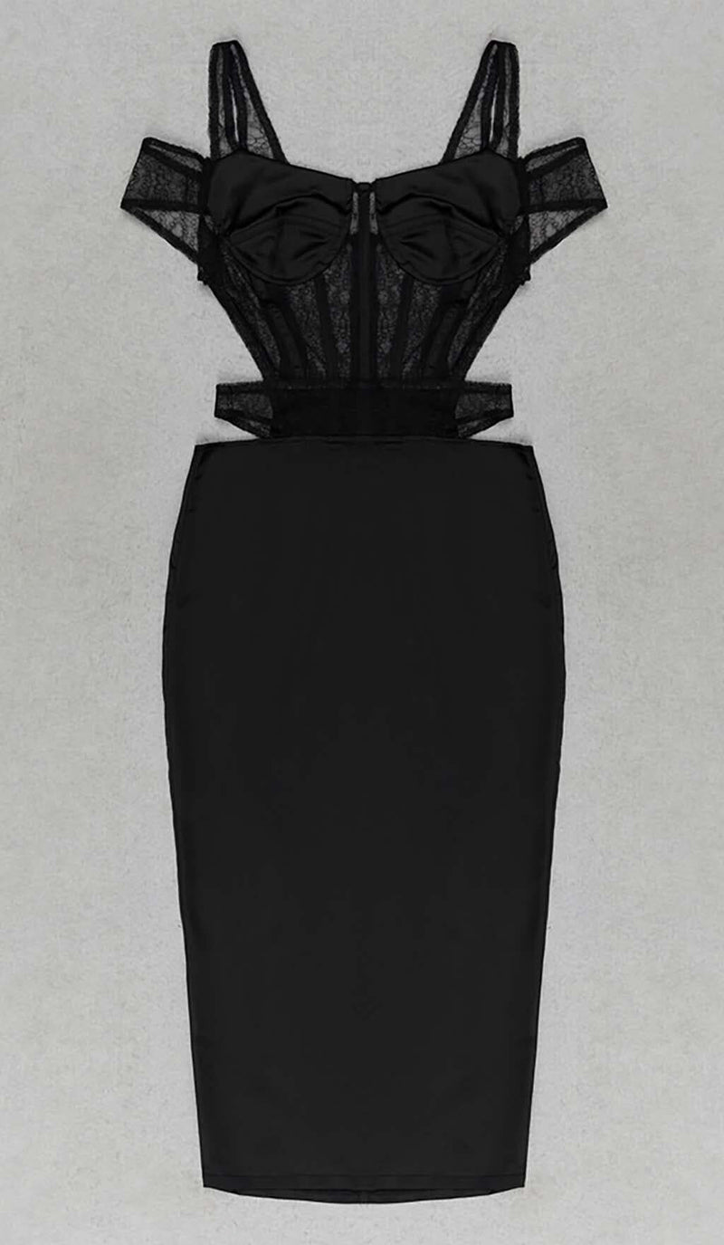 CUTOUT CORSET LACE MIDI DRESS IN BLACK