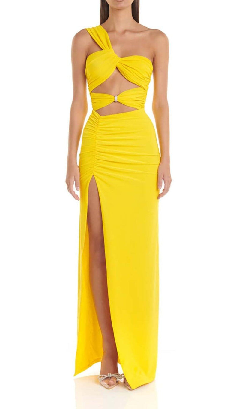 CUTOUT ONE-SHOULDER MIDI DRESS IN LEMON