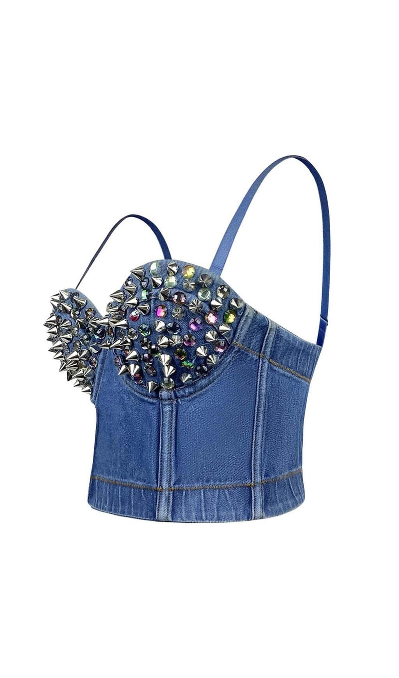 DENIM CRYSTAL CROPPED TOP IN BLUE