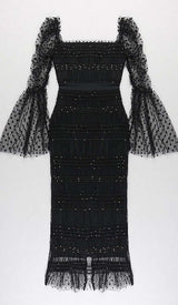 DOT MESH MIDI DRESS IN BLACK