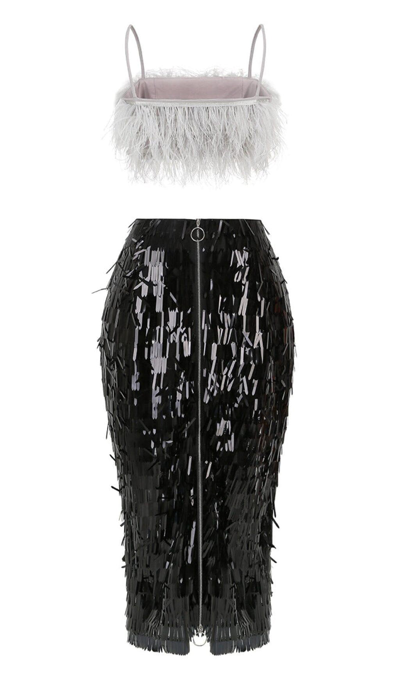 FEATHER TOP SEQUIN MIDI DRESS IN BLACK