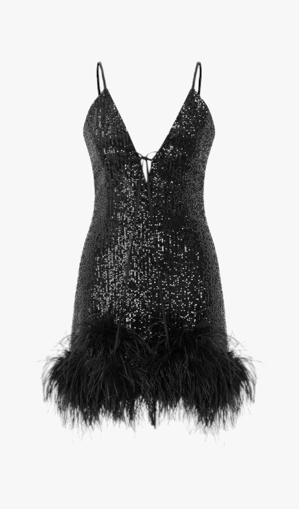 FEATHER V NECK MINI DRESS IN BLACK