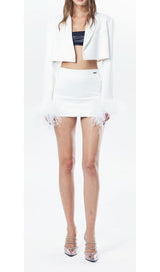 FEATHERS JACKET AND SHORT SKIRT IN WHITE