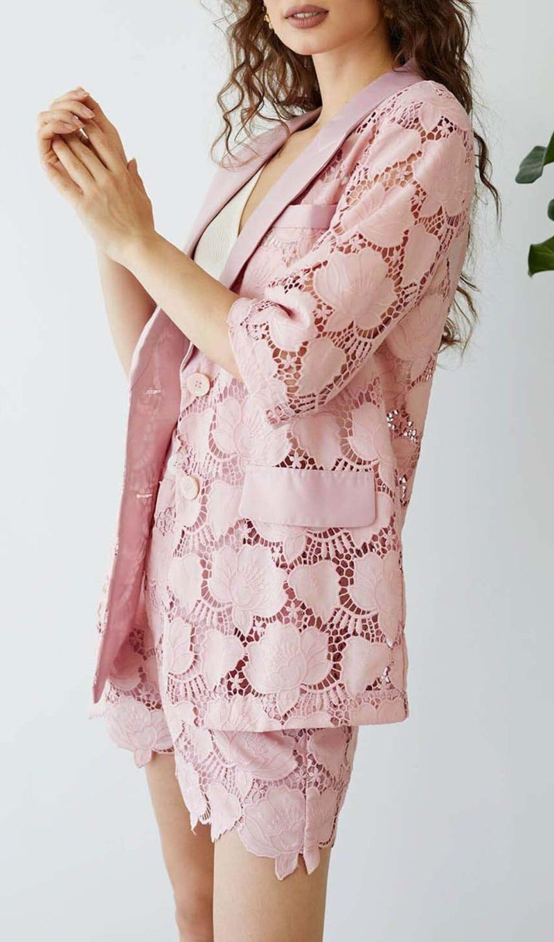 FLORAL CUTWORK JACKET DRESS SET IN PINK