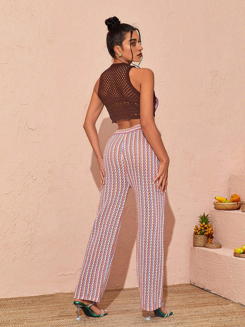 FLORAL HOLLOW KNITTED PANTS SET