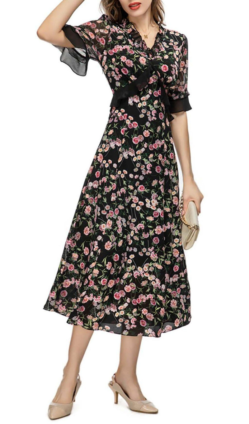 FLORAL PRINT RUFFLE MIDI DRESS IN MULTI-COLOR